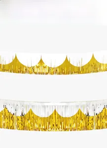 Detail of metallic gold and silver tinsel fringe curtains with scalloped wave design