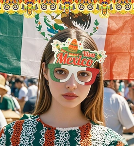 Detail of glitter Viva Mexico party glasses with sombrero and Mexican flag colors