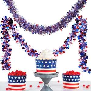 Patriotic red white and blue tinsel garland with stars for Independence Day decor