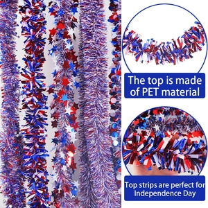 Red white and blue Independence Day PET tinsel garland with star ornaments for party decor