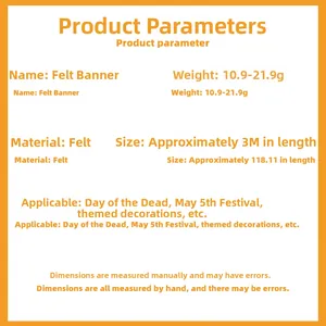 Felt banner specifications for Day of the Dead party showing 3 meters length and material details