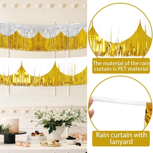30x300cm gold and silver fringe curtain party backdrop with top lanyard for easy hanging