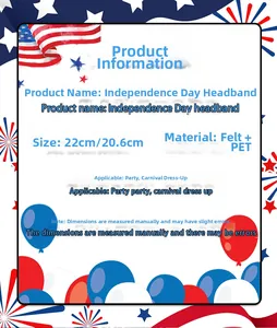 Detailed size chart of USA flag headband showing 22cm by 20.6cm felt and PET material