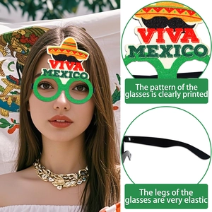 Glittery Viva Mexico party glasses with sombrero and mustache for Cinco de Mayo celebrations