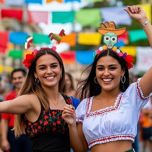 Detail of Mexican party headbands with colorful skulls and velvet flowers on festive background