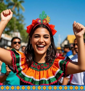 Close-up of festive cactus headband with sequins, floral details and Mexican ruffle top