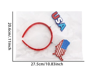 Close-up of USA flag pattern map and glitter USA letters on party headband with dimensions