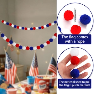 Detail showing 2.5cm red white and blue plush pom pom garland for patriotic party decor