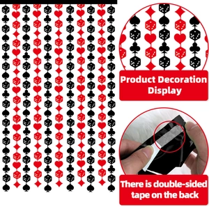 Casino party tinsel curtain with dice and poker suits for theme event decorations