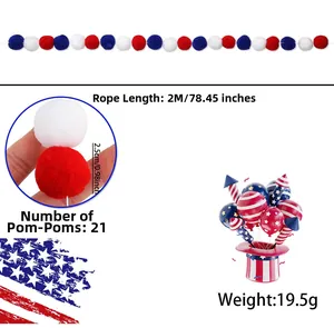 Detail of 4th of July felt ball garland with 2m rope and 21 red white blue pom poms