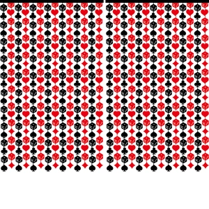Poker themed party curtain with red and black suits and dice patterns on white backdrop
