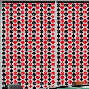 Poker party tinsel curtain with red and black suits and dice pattern background