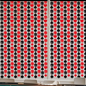 Casino theme backdrop curtain with red and black dice and poker suit symbols for party