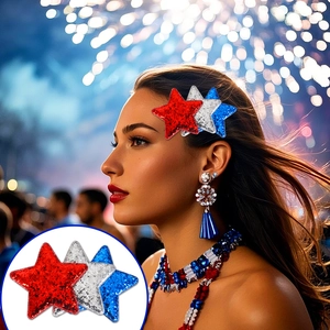 Close-up of glitter star hair clips in red, white and blue for Independence Day party