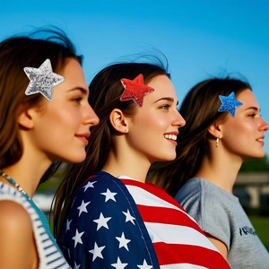 Three models wearing shiny red blue and silver sequin star hair clips for festive hair decoration