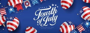 Detail of Fourth of July party banner with patriotic balloons and star garlands