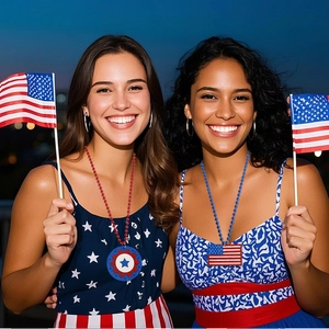 Detail of red and blue beaded necklaces with American flag pendants for Independence Day