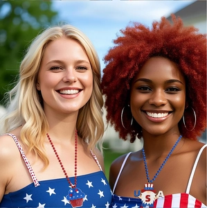 Close-up of patriotic beaded necklaces with USA themed gnome and cupcake pendants