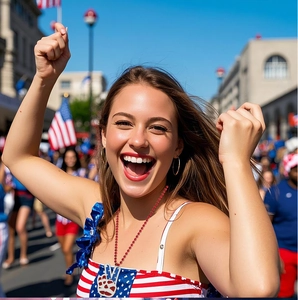Detail of red bead necklace with peace sign charm and American flag pattern tank top