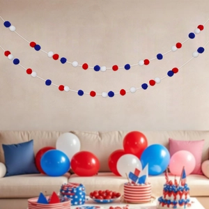 Red white and blue felt ball garland for 4th of July Independence Day party decoration