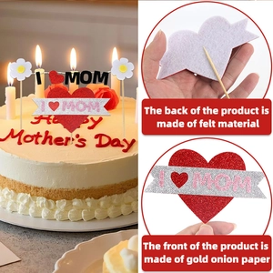 Detail of I Love Mom cake topper showing gold glitter finish and white felt backing material
