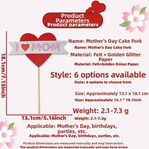 Detailed size specifications for glitter I Love MOM heart cake topper decoration