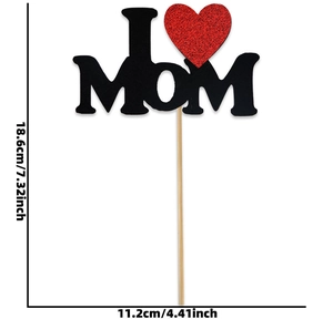 Detailed dimensions of Mother's Day I Love MOM cake topper with a red glitter heart