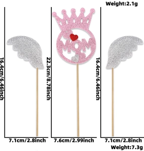Detailed dimensions of pink glitter MOM crown and wings cake toppers for Mother's Day