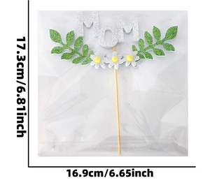 Silver glitter MOM cake topper with white daisies and green leaves showing dimensions