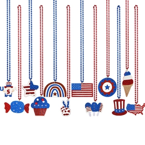 Patriotic USA Independence Day Beaded Necklace With US Flag Felt Pendant Red White Blue Glitter Party Accessory For Fourth Of July Celebration