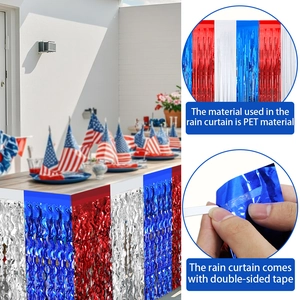 Macro detail of red, white and blue PET fringe table skirt with adhesive tape backing
