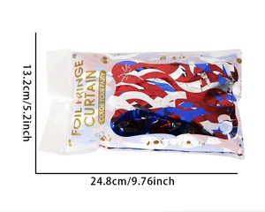 Foil fringe curtain packaging dimensions showing red, white, and blue party decor