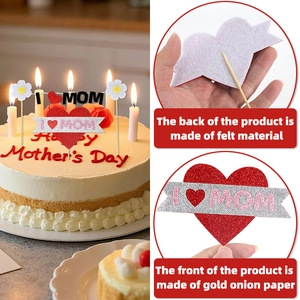 Sparkly Mother's Day I Love Mom cake topper with gold glitter and felt floral design