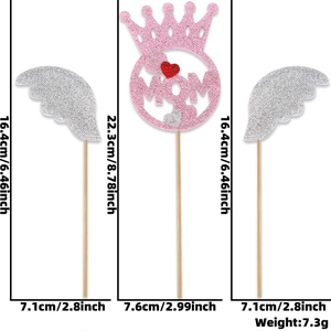 Pink glitter MOM crown topper with silver angel wings cake decoration set including sizes