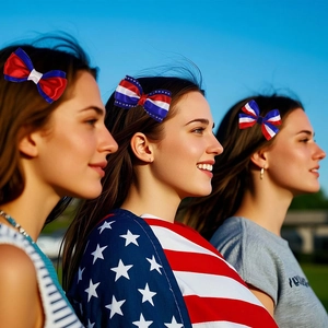 Three red white and blue Independence Day bow hair clips worn by models outdoors
