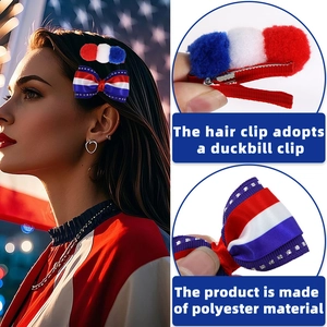 Detailed view of red white and blue polyester pompom and bow hair clips with duckbill base