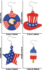 Detail view of 4th of July glitter earrings showing dimensions for stars and stripes motifs