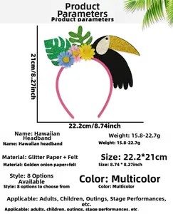 Detail of Hawaiian headband featuring glitter monstera leaf and tropical toucan design