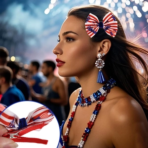 Detail of red white and blue bow hair clip with patriotic stars and stripes ribbon