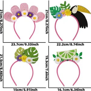 Detailed size chart showing height and width for Hawaiian party headbands in cm and inches