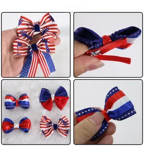 Detail of Fourth of July bow hair clips with red white blue stars and metal duckbill clip
