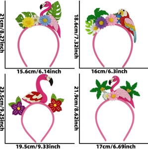 Detailed size specifications for Hawaiian party headbands featuring flamingos and tropical leaves