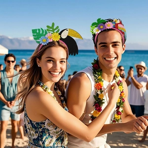 Close-up of tropical flamingo headband with toucan and parrot motifs for beach party