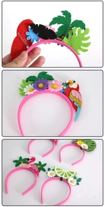Detail of tropical party headbands featuring glitter flamingos and felt palm leaves