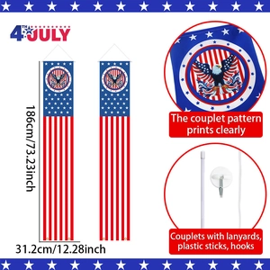 Detail of Independence Day porch banners with eagle emblem and product dimensions