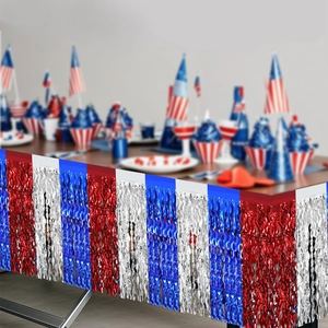 Red white and blue tinsel table skirt for Independence Day party decorations