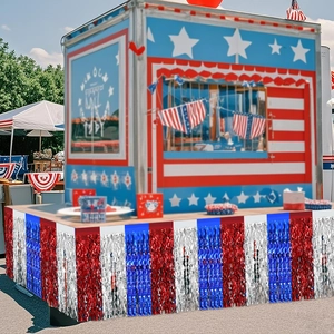 Red white and blue tinsel table skirt for American Independence Day party decorations