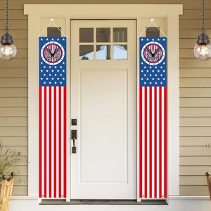 Detail of US Independence Day eagle porch banners with stars and stripes hanging on a front door