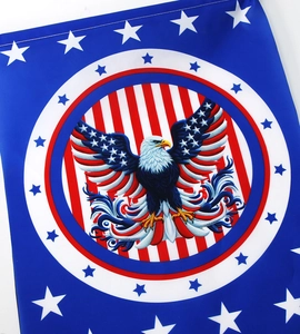 Close-up detail of Oxford cloth banner featuring American flag stars, stripes and eagle emblem