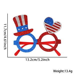 Detailed size map of Independence Day glitter glasses with US flag hat and heart motifs